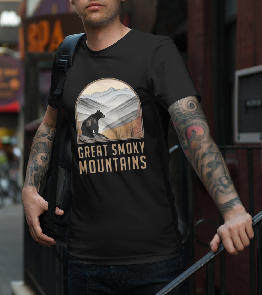 Great Smoky Mountains National Park Bear Silhouette Over Scenic Mountain Landscape T-Shirt