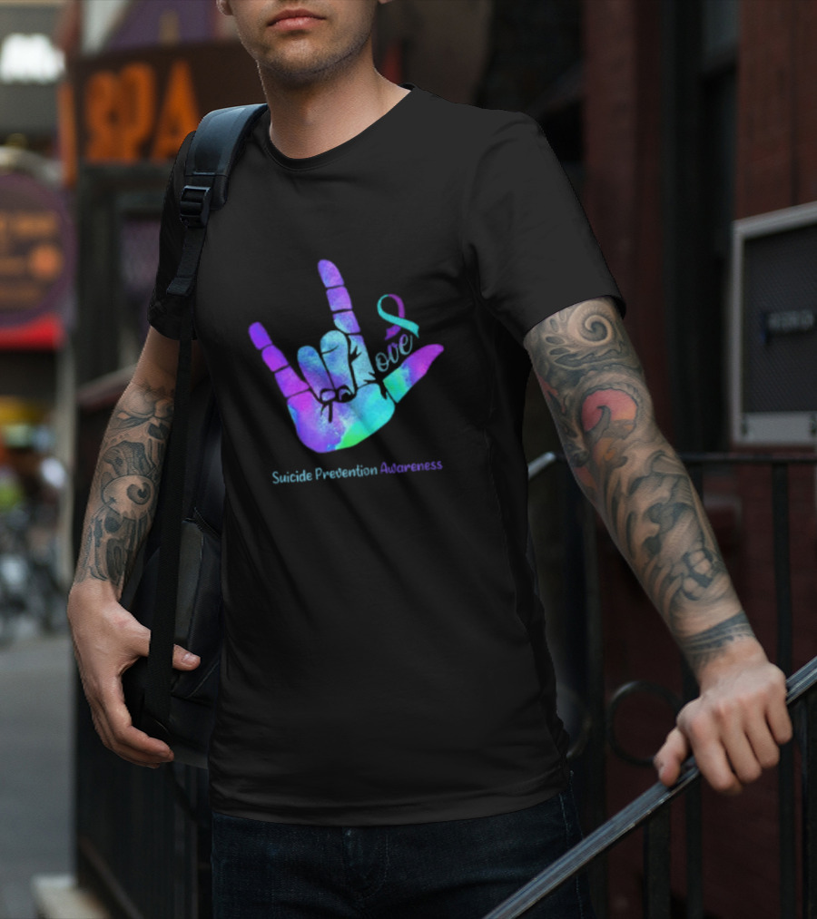 Love Hand Sign With Ribbon For Suicide Prevention Awareness T-Shirt