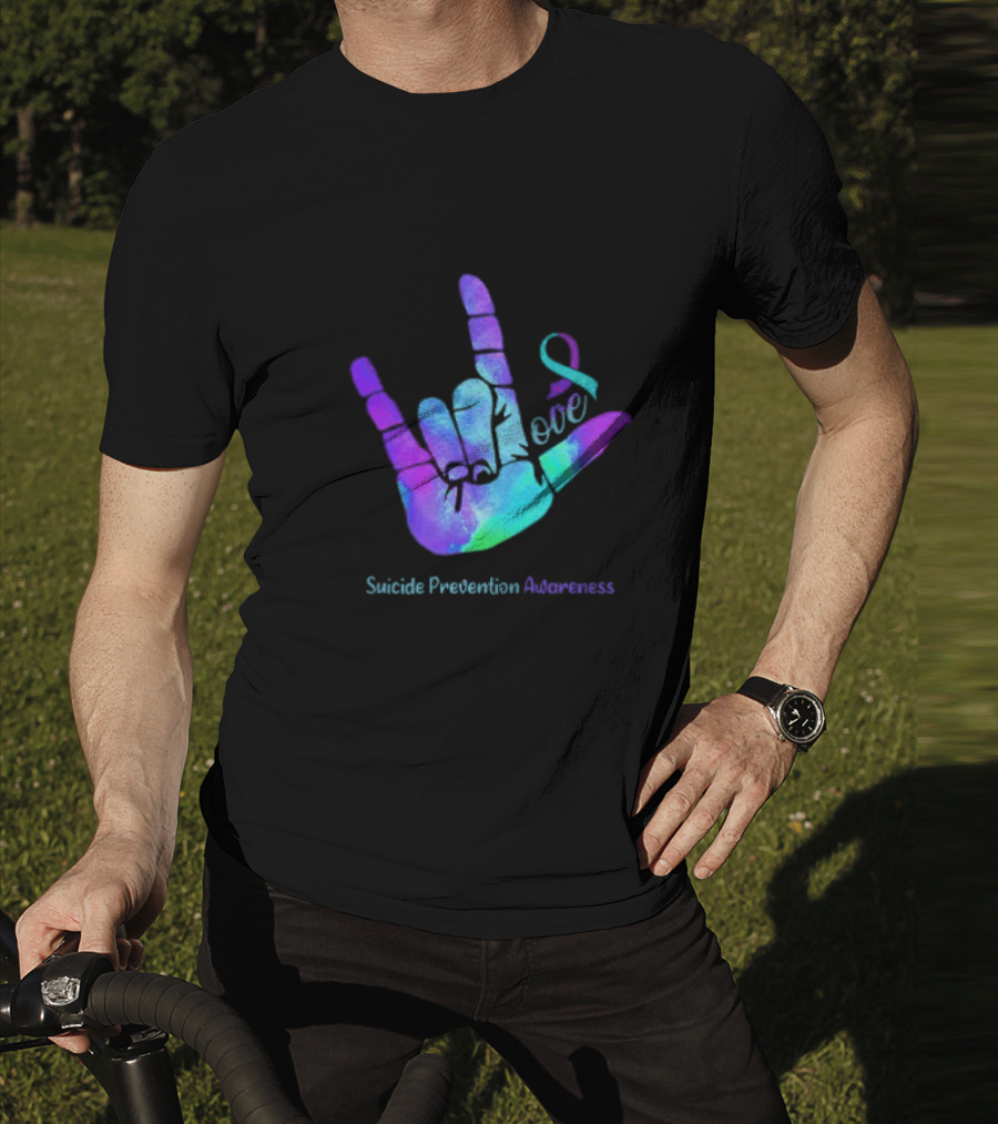 Love Hand Sign With Ribbon For Suicide Prevention Awareness T-Shirt