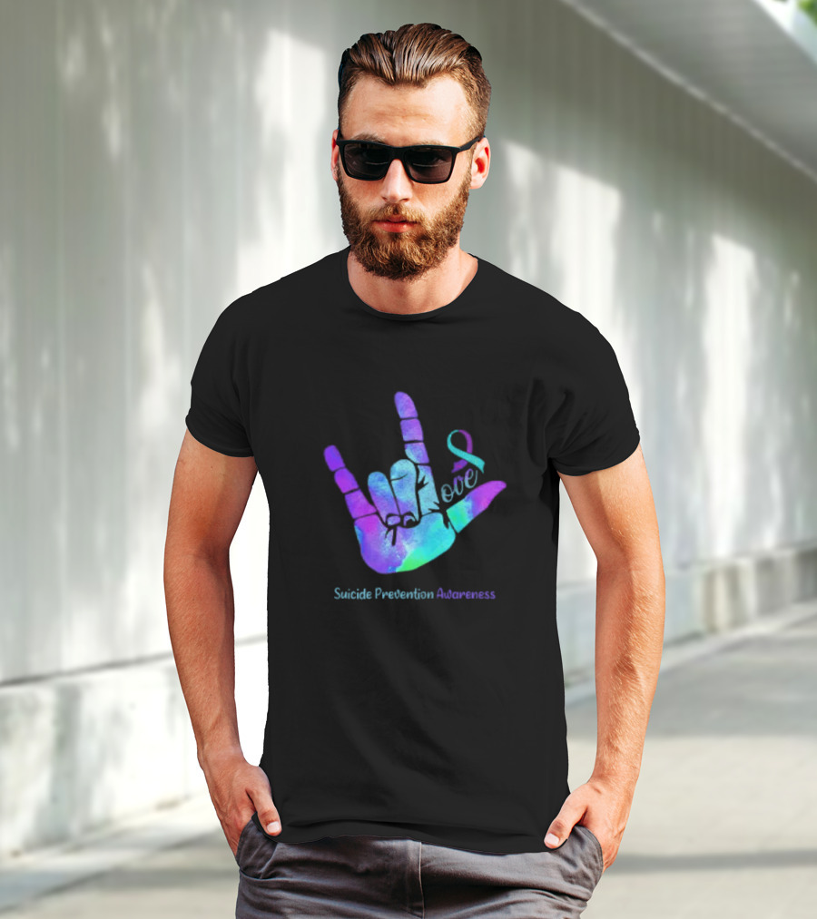 Love Hand Sign With Ribbon For Suicide Prevention Awareness T-Shirt