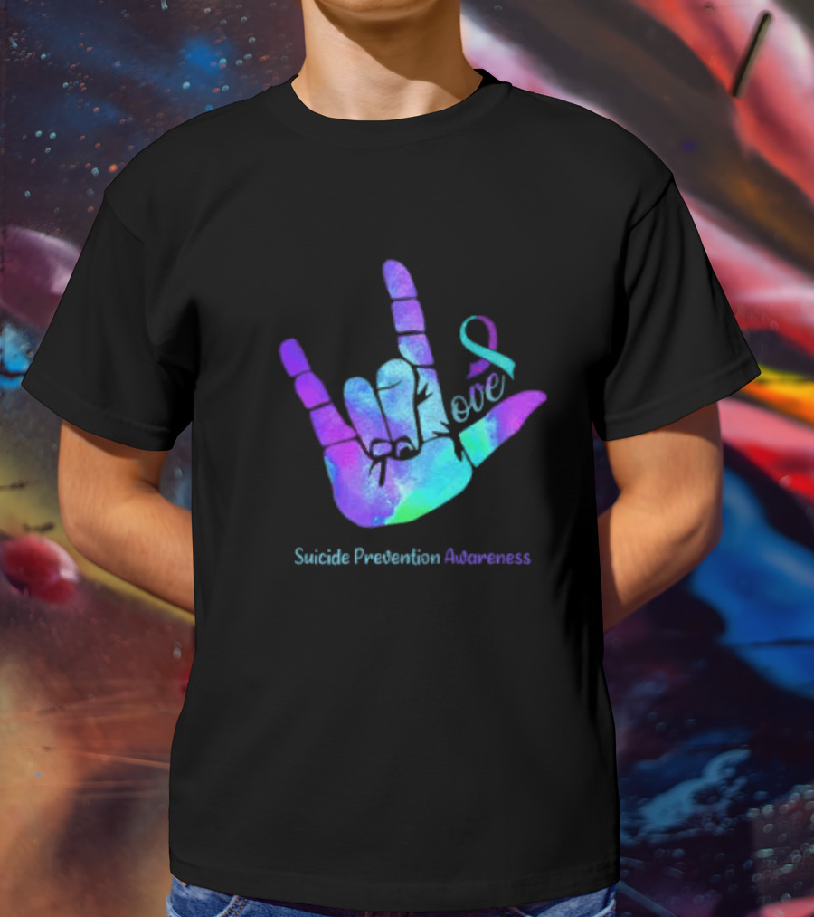 Love Hand Sign With Ribbon For Suicide Prevention Awareness T-Shirt