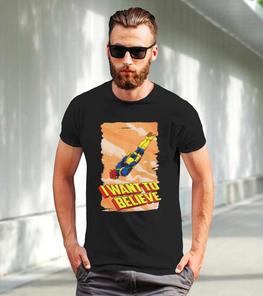 I Want To Believe Superheroes Retro Flying Hero In Yellow And Blue Suit T-Shirt