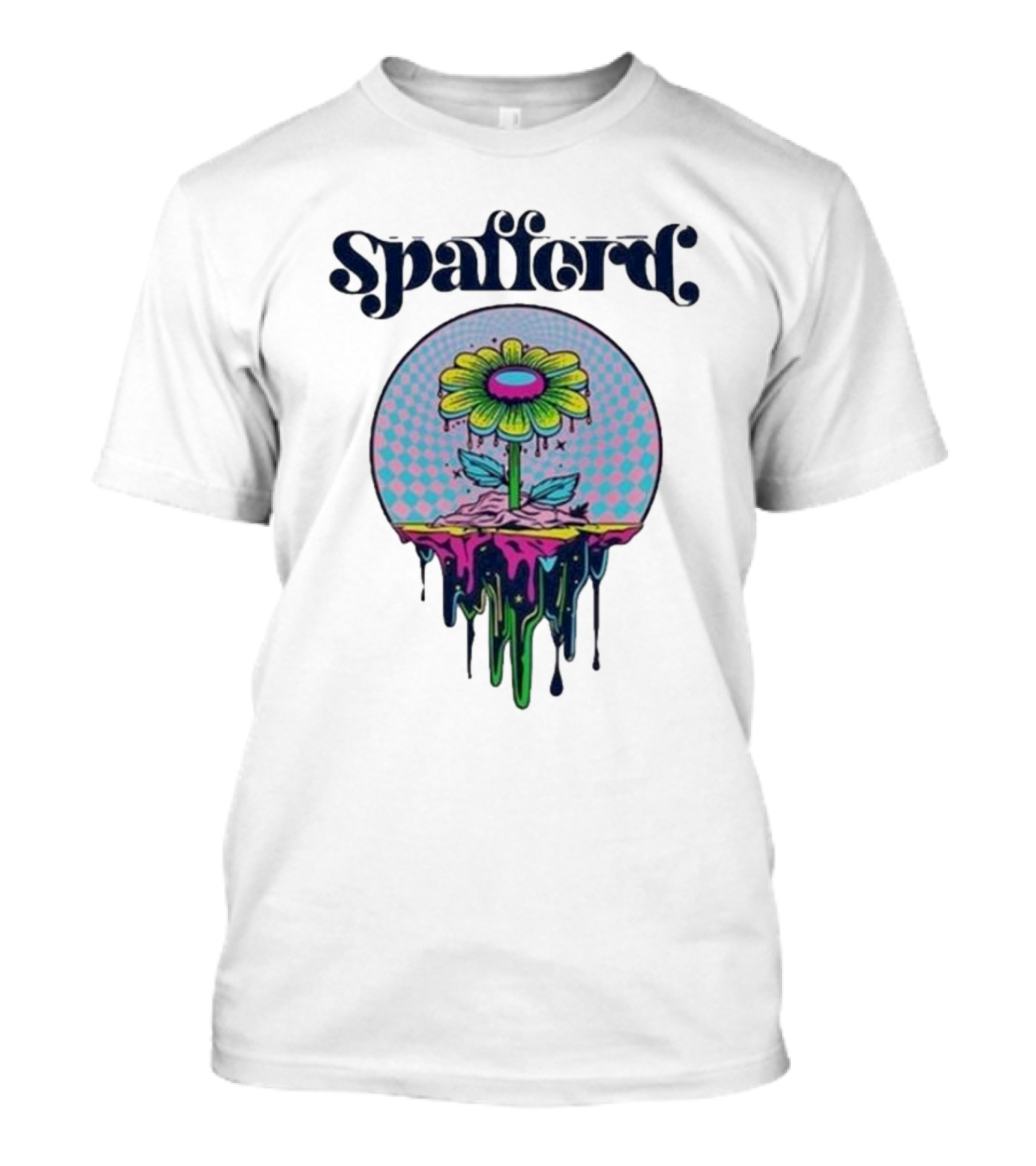 Spafford Psychedelic Space Flower In Pink And Blue Checkerboard T-Shirt
