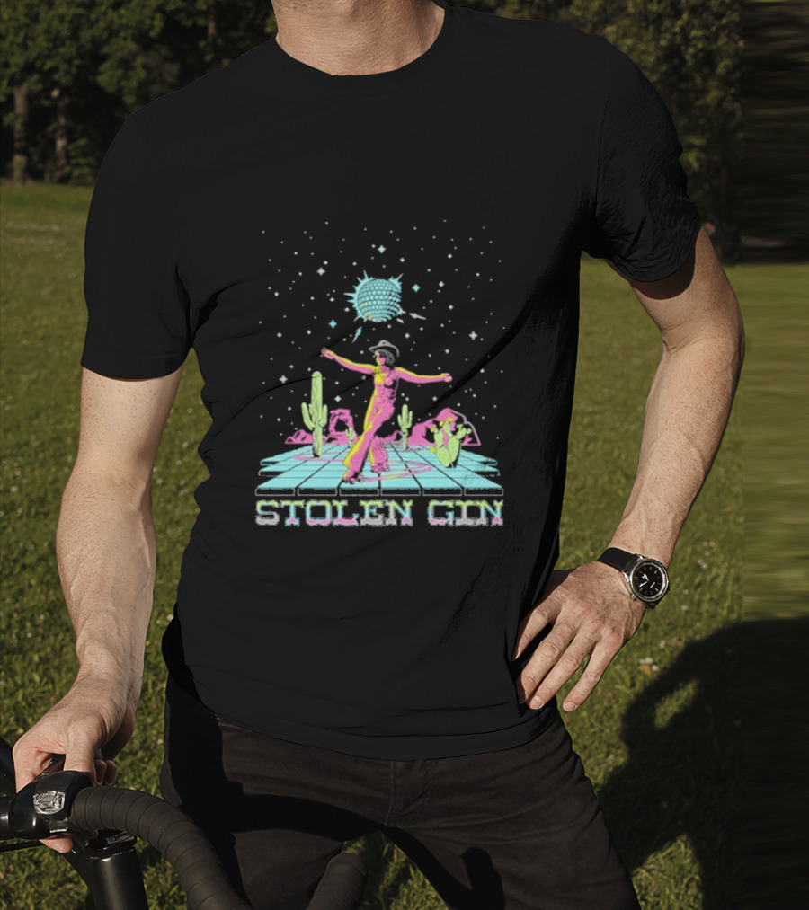 Stolen Gin Disco Cowgirl Dance Under Starry Night Desert Scene T-Shirt