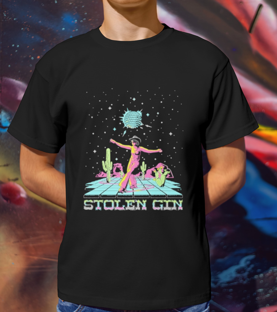 Stolen Gin Disco Cowgirl Dance Under Starry Night Desert Scene T-Shirt