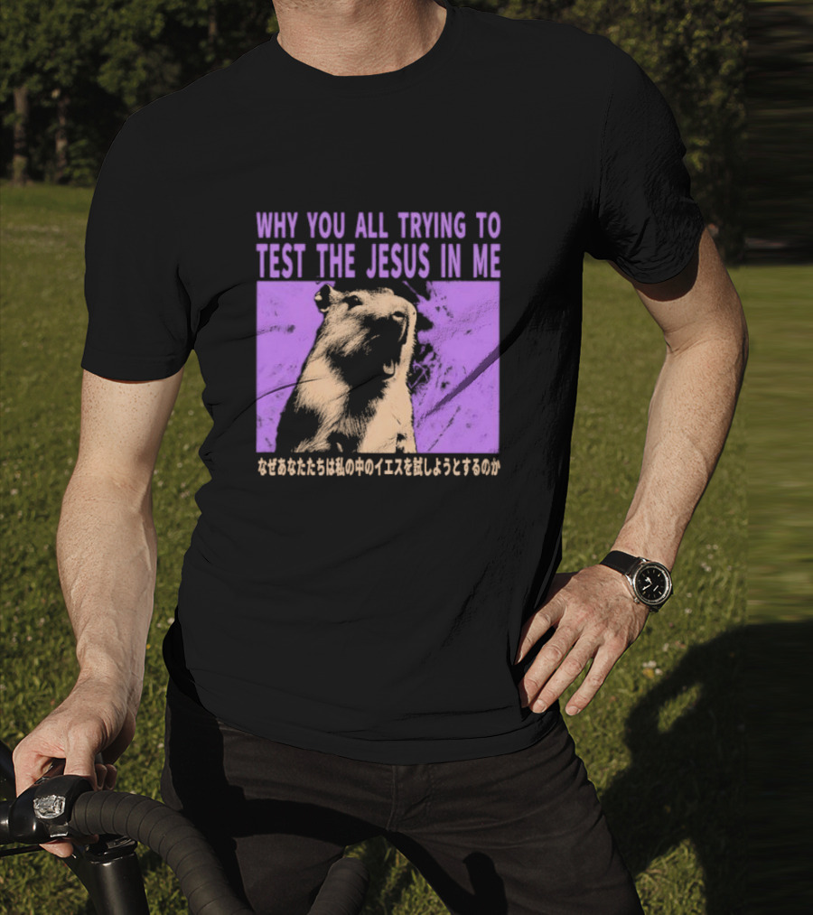 Why You All Trying To Test The Jesus In Me Capybara Japanese Text T-Shirt