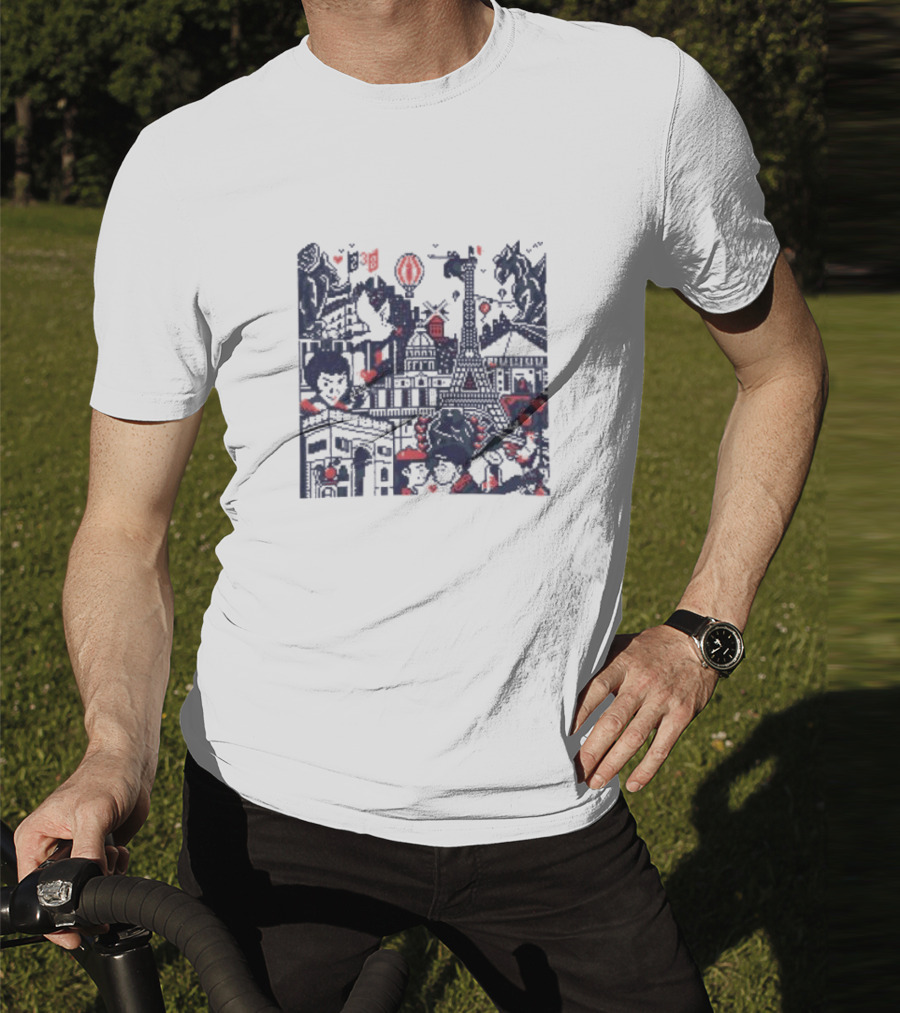 BasePaint Cityscapes Paris Eiffel Tower And Arc De Triomphe Neon Hearts T-Shirt