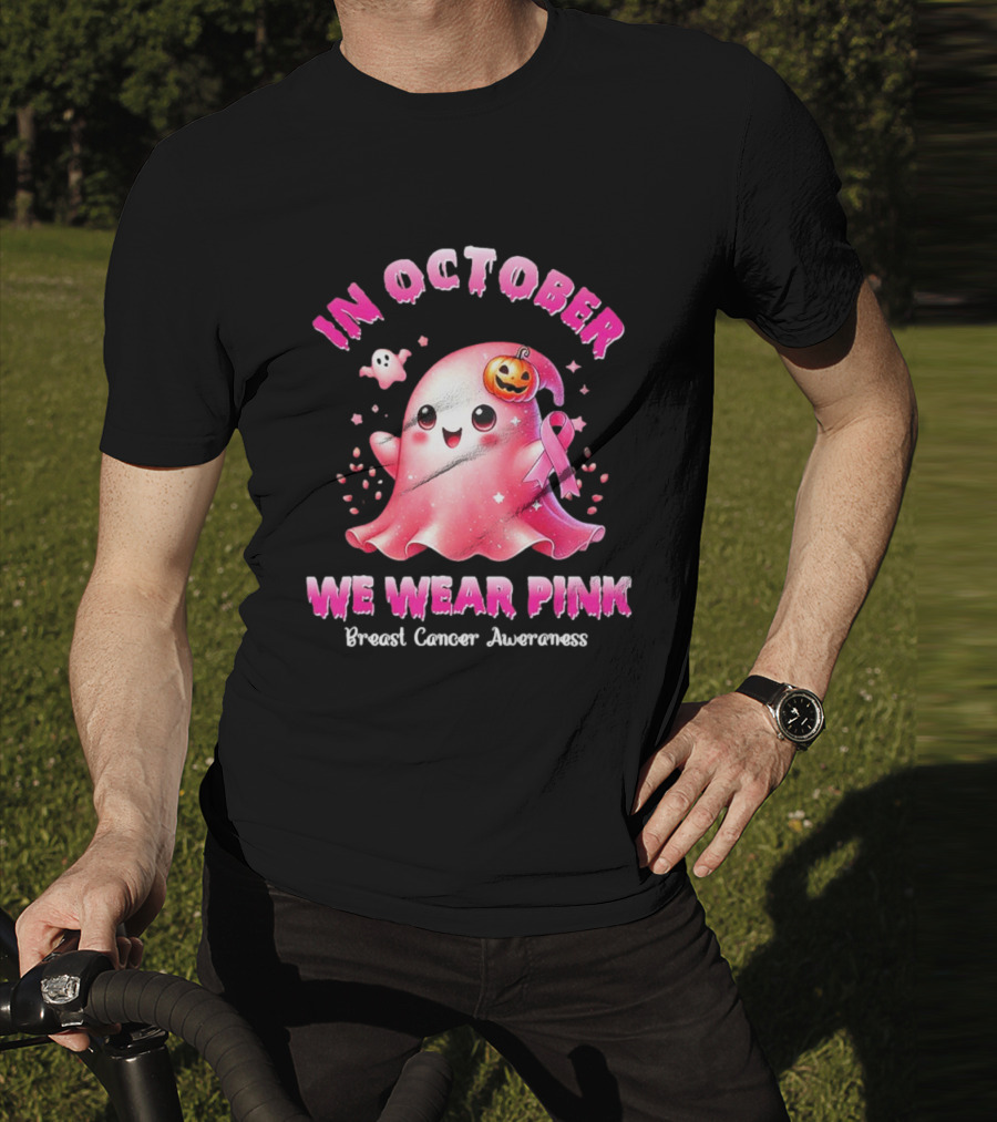 In October We Wear Pink Ghost Pumpkin Ribbon Breast Cancer Awareness T-Shirt