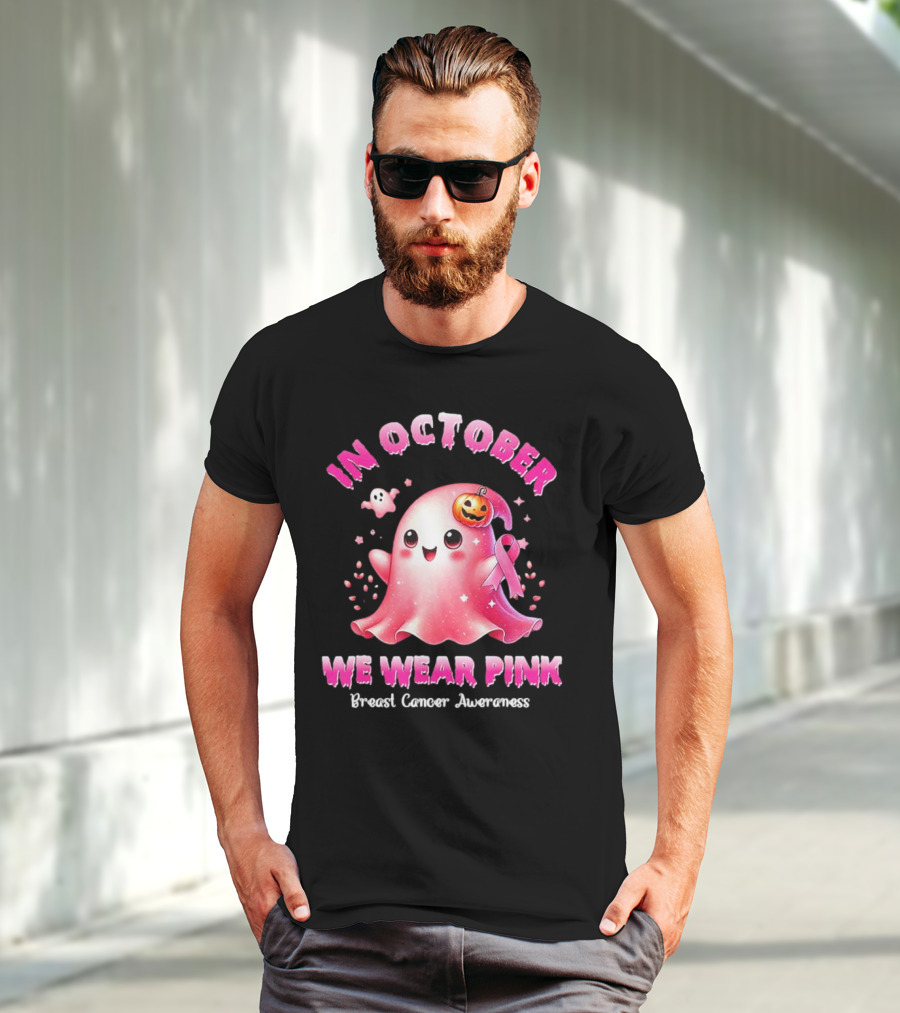 In October We Wear Pink Ghost Pumpkin Ribbon Breast Cancer Awareness T-Shirt
