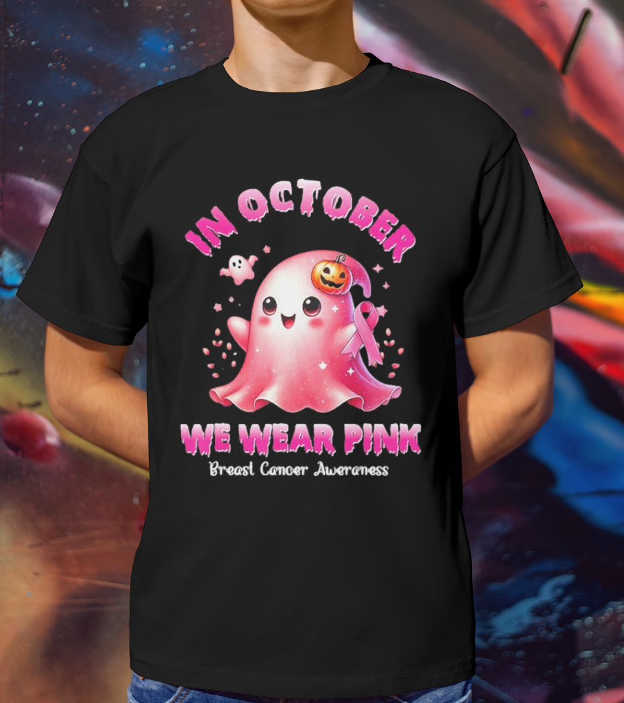 In October We Wear Pink Ghost Pumpkin Ribbon Breast Cancer Awareness T-Shirt