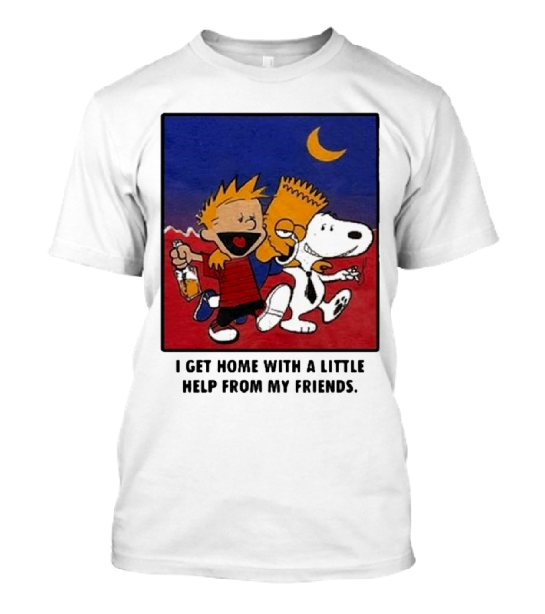 For All To Envy I Get Home With A Little Help From My Friends Calvin Bart Snoopy Trio T-Shirt