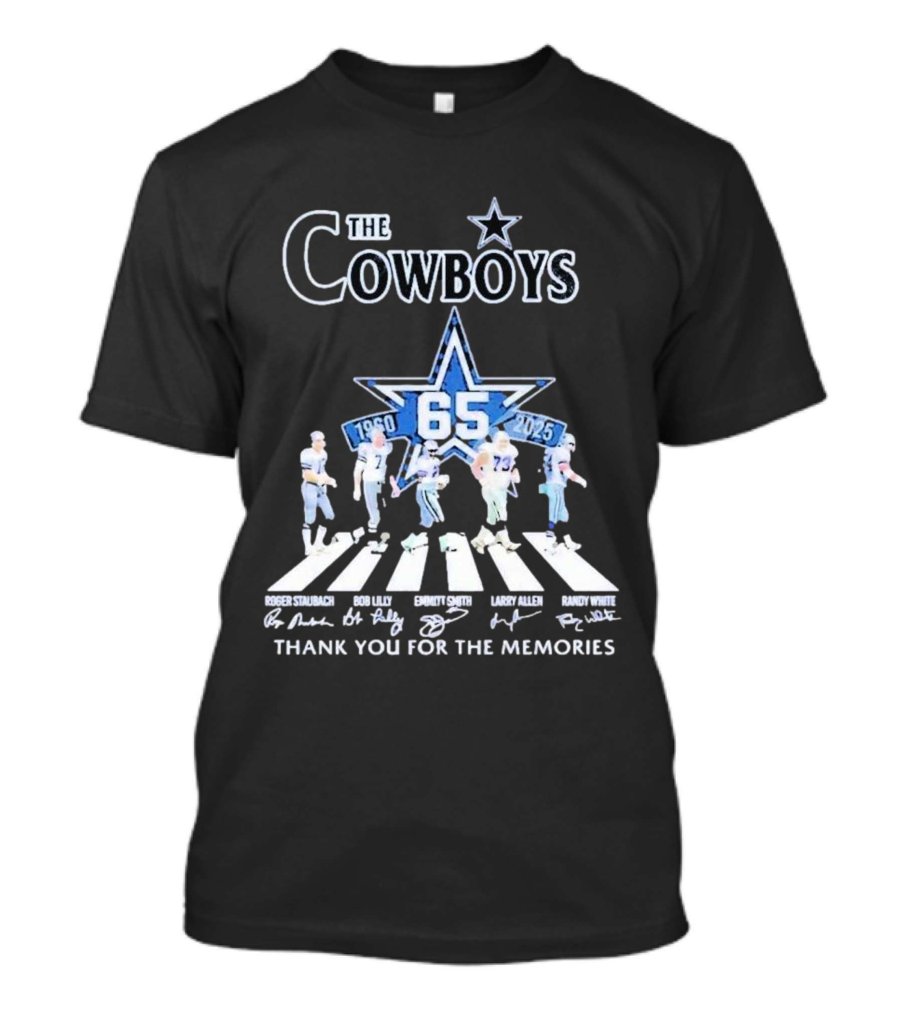 The Cowboys 65 Years 1960-2025 Thank You For The Memories Roger Staubach Emmitt Smith Bob Lilly Larry Allen Randy White T-Shirt