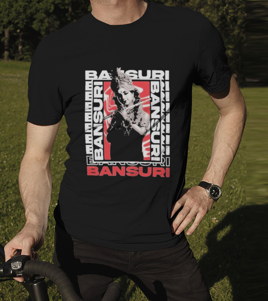 Bansuri Beautiful Girl With Flute Elegantly Framed In Red And White T-Shirt