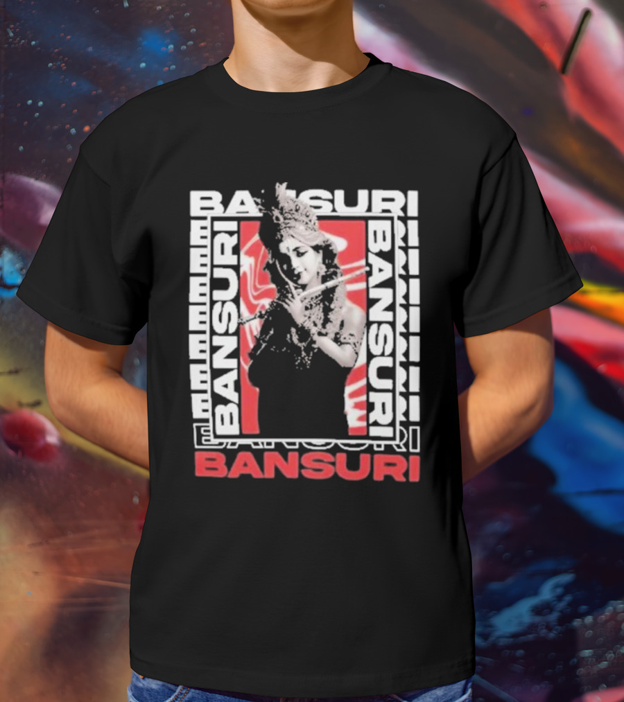 Bansuri Beautiful Girl With Flute Elegantly Framed In Red And White T-Shirt
