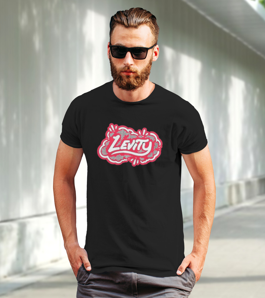 Levity Music Store Red And White Comic-Style Text On Black Cloud Background T-Shirt