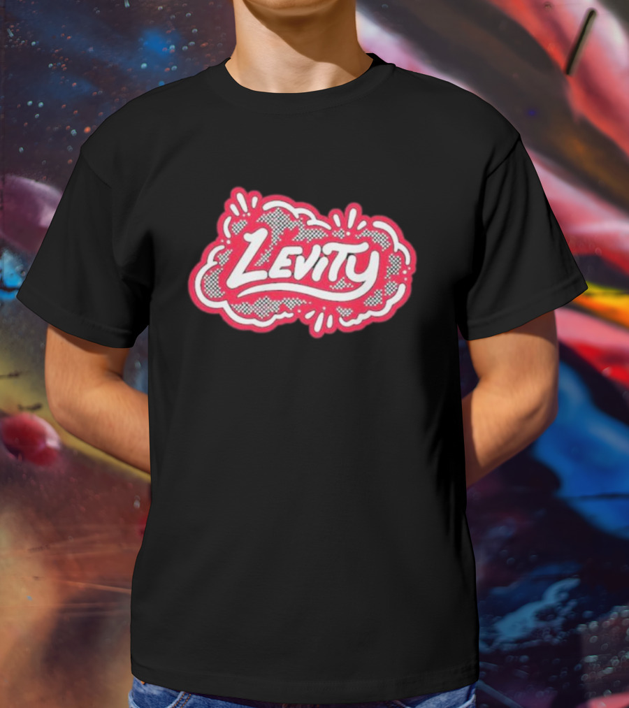 Levity Music Store Red And White Comic-Style Text On Black Cloud Background T-Shirt