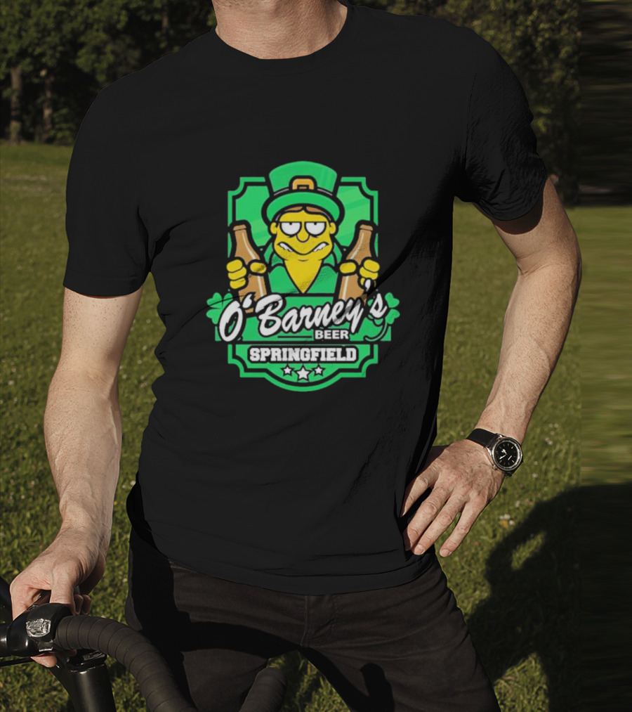 O’Barney’s Beer Springfield Leprechaun Holding Bottles Shamrock Badge T-Shirt