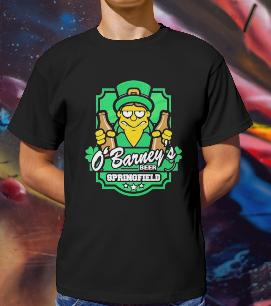 O’Barney’s Beer Springfield Leprechaun Holding Bottles Shamrock Badge T-Shirt