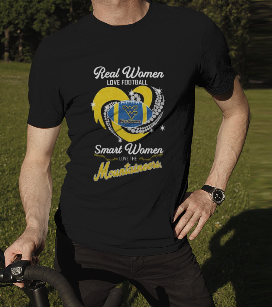 Real Women Love Football Smart Women Love West Virginia Mountaineers Diamond Heart Football T-Shirt