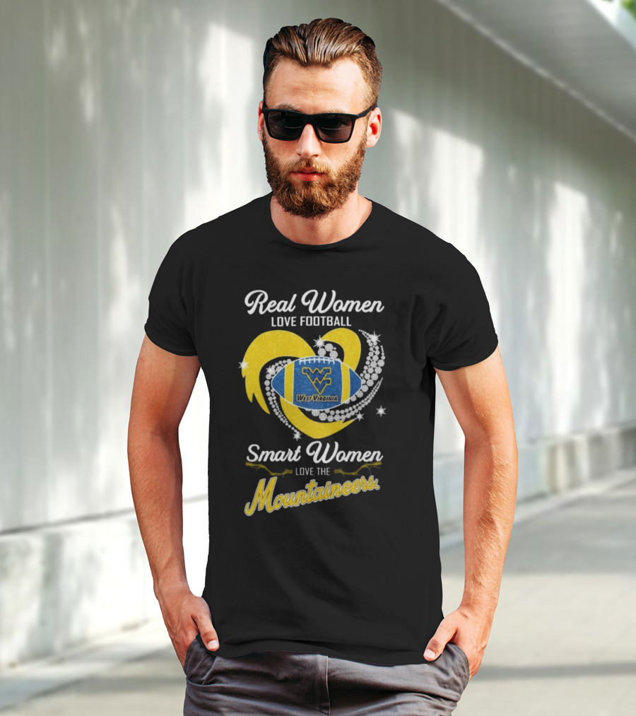 Real Women Love Football Smart Women Love West Virginia Mountaineers Diamond Heart Football T-Shirt