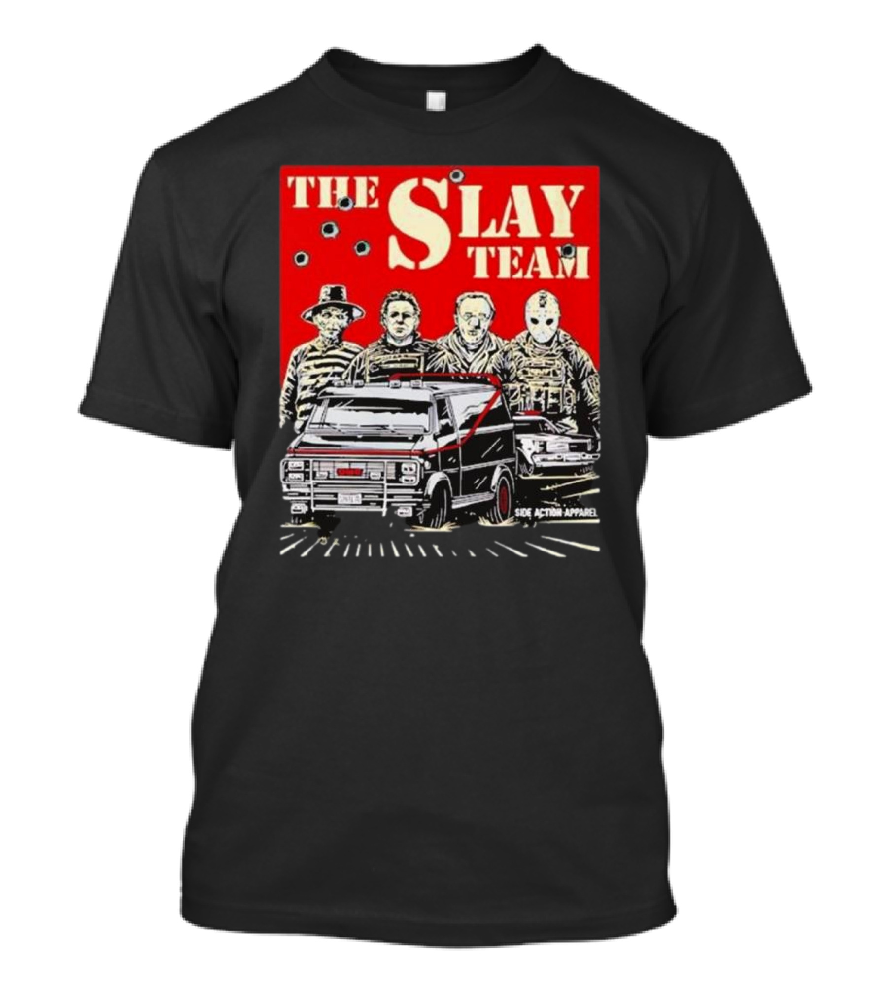 The Slay Team Horror Movies Characters Side Action T-Shirt