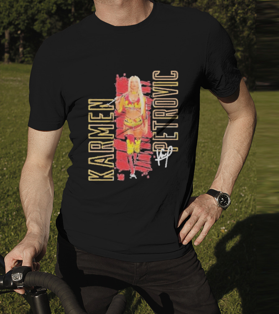 Karmen Petrovic Vertical Signature With Bold Red And Yellow Athlete T-Shirt