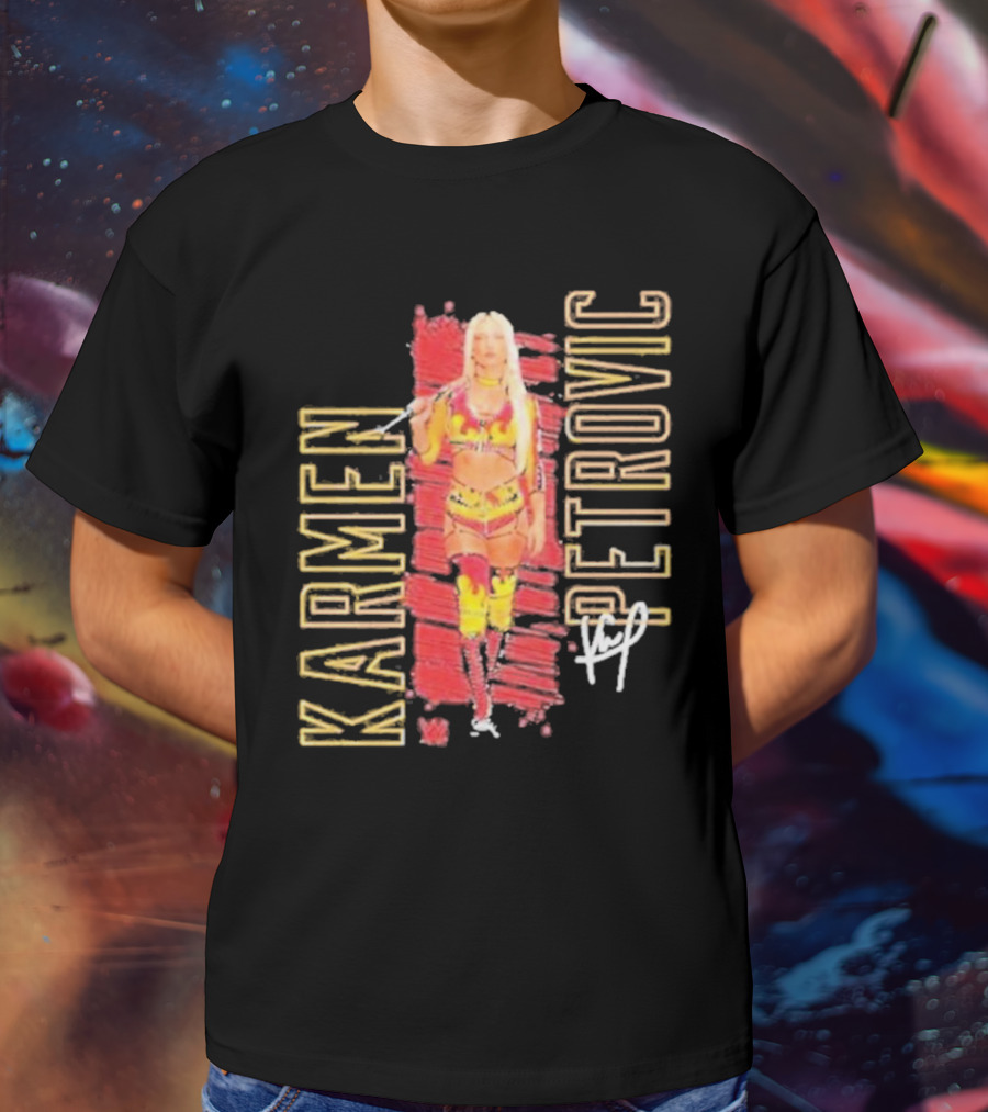 Karmen Petrovic Vertical Signature With Bold Red And Yellow Athlete T-Shirt