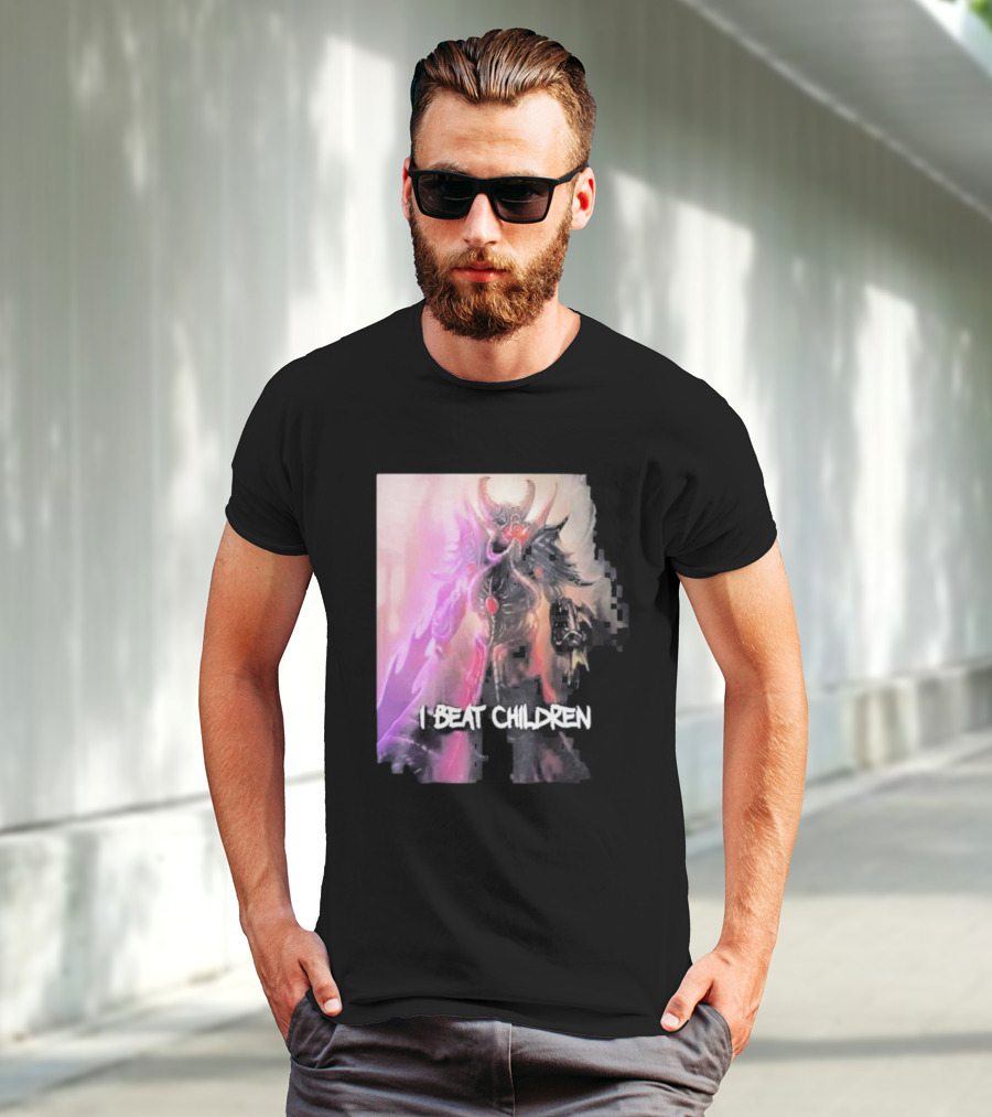 Kassadin I Beat Children Text Featuring Dark Mysterious Armored Character With Glowing Accents T-Shirt