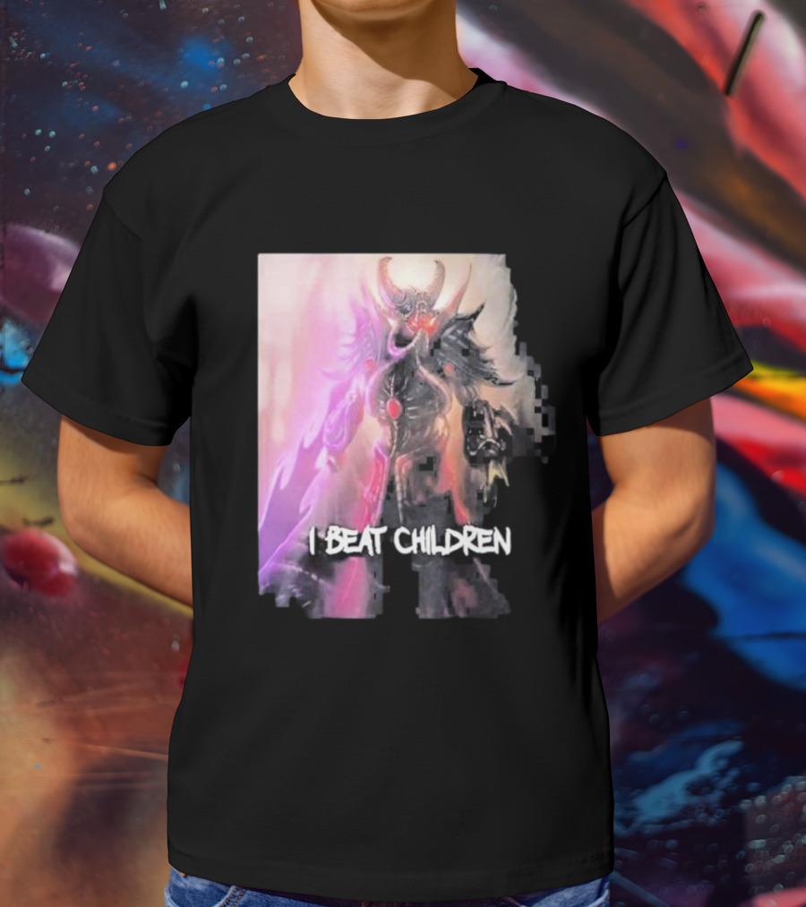 Kassadin I Beat Children Text Featuring Dark Mysterious Armored Character With Glowing Accents T-Shirt