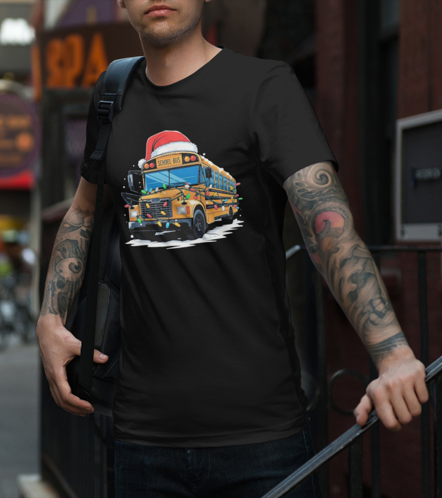 School Bus With Christmas Lights And Santa Hat Holiday Xmas T-Shirt