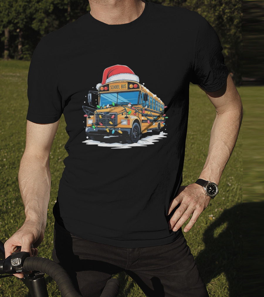 School Bus With Christmas Lights And Santa Hat Holiday Xmas T-Shirt