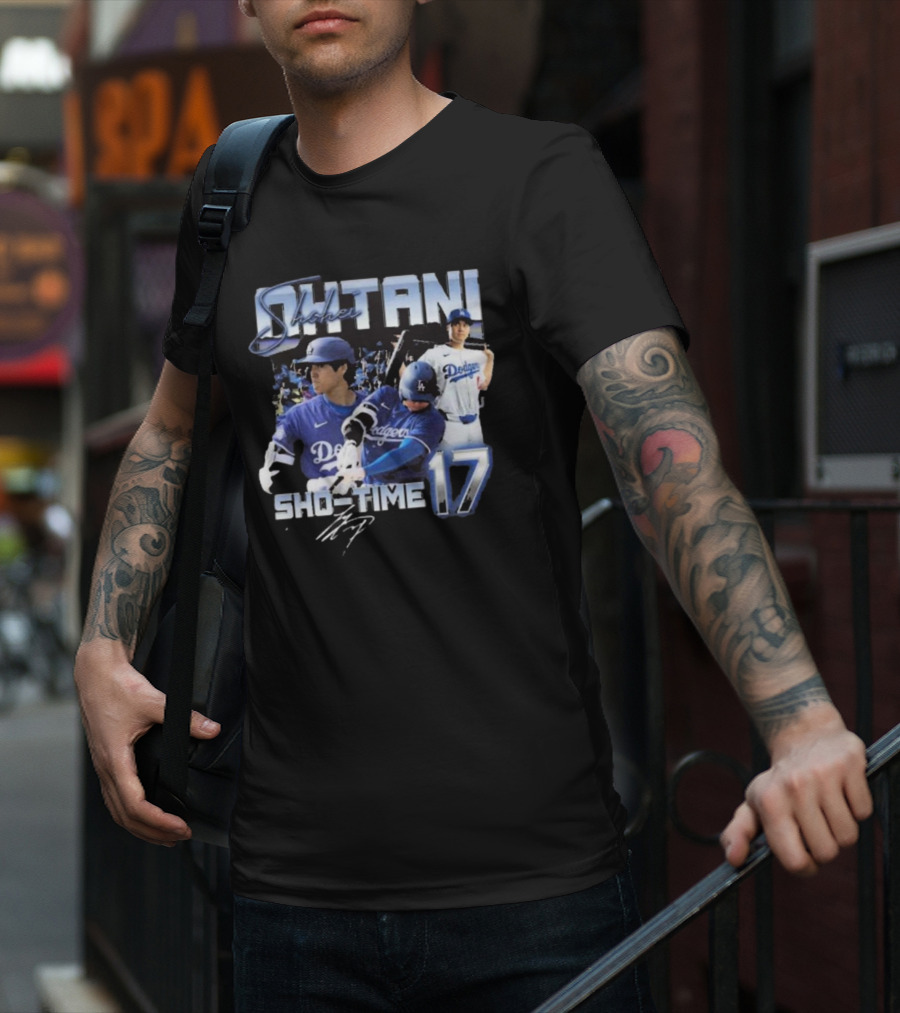 Shohei Ohtani Dodgers Sho Time 17 Signature Baseball Action T-Shirt