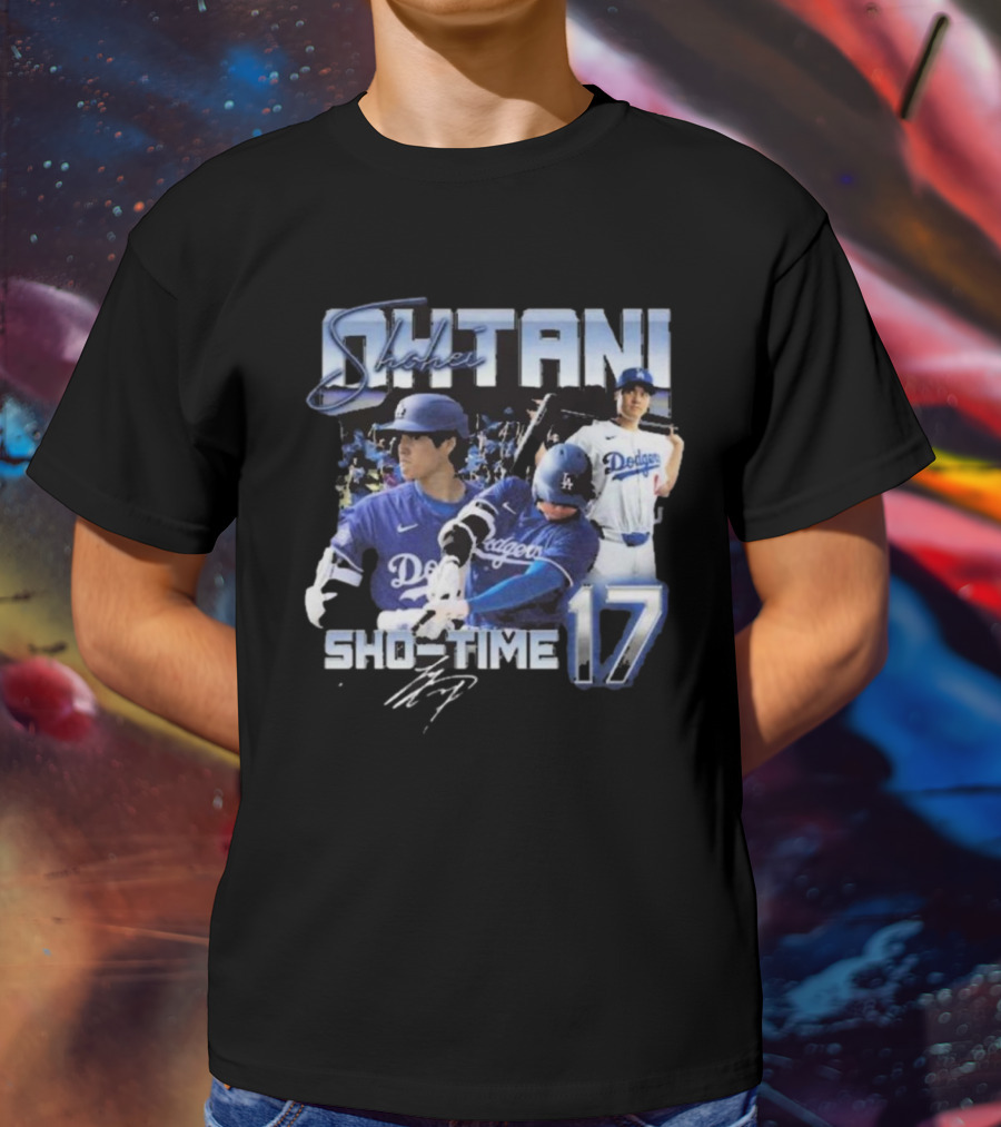 Shohei Ohtani Dodgers Sho Time 17 Signature Baseball Action T-Shirt