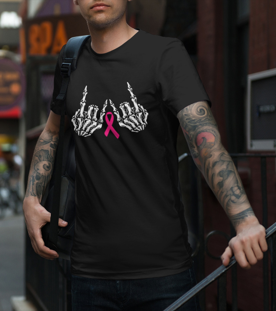 Skeleton Rock Hand Breast Cancer Awareness Pink T-Shirt