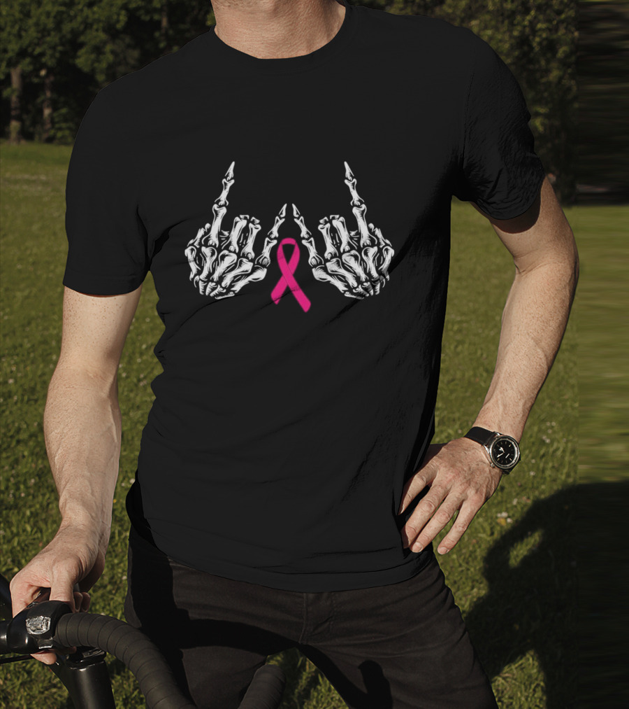 Skeleton Rock Hand Breast Cancer Awareness Pink T-Shirt
