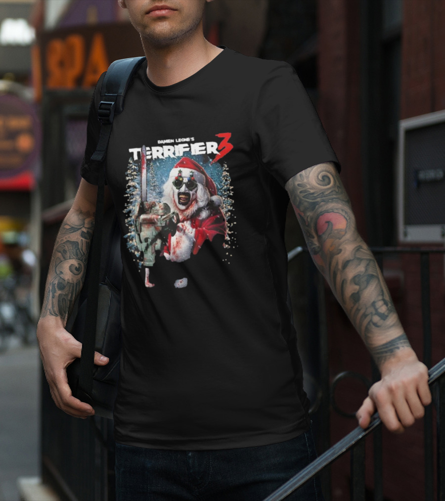 Damien Leone's Terrifier 3 Merry Mayhem Santa With Chainsaw T-Shirt