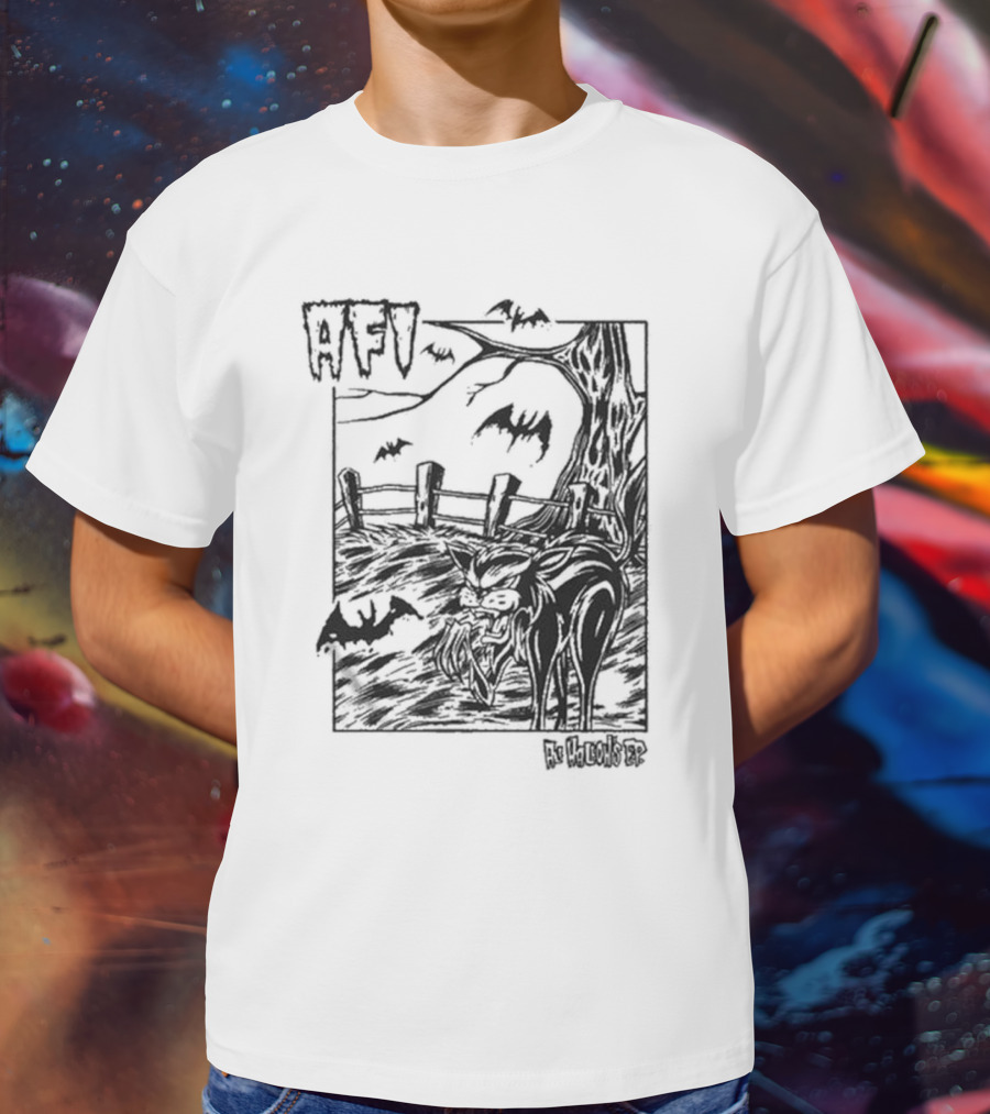 AFI All Hallow's Eve Bats And Black Cat In Haunted Scene T-Shirt