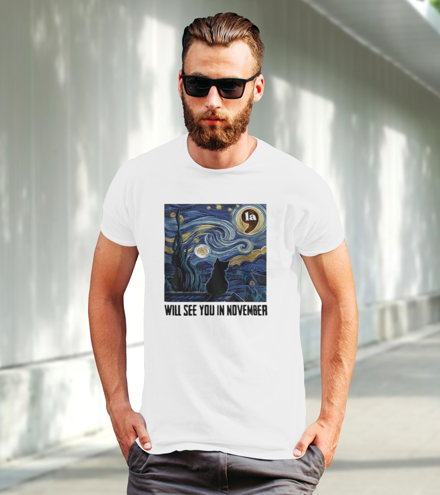 Black Cat LA Starry Night Will See You In November Van Gogh T-Shirt
