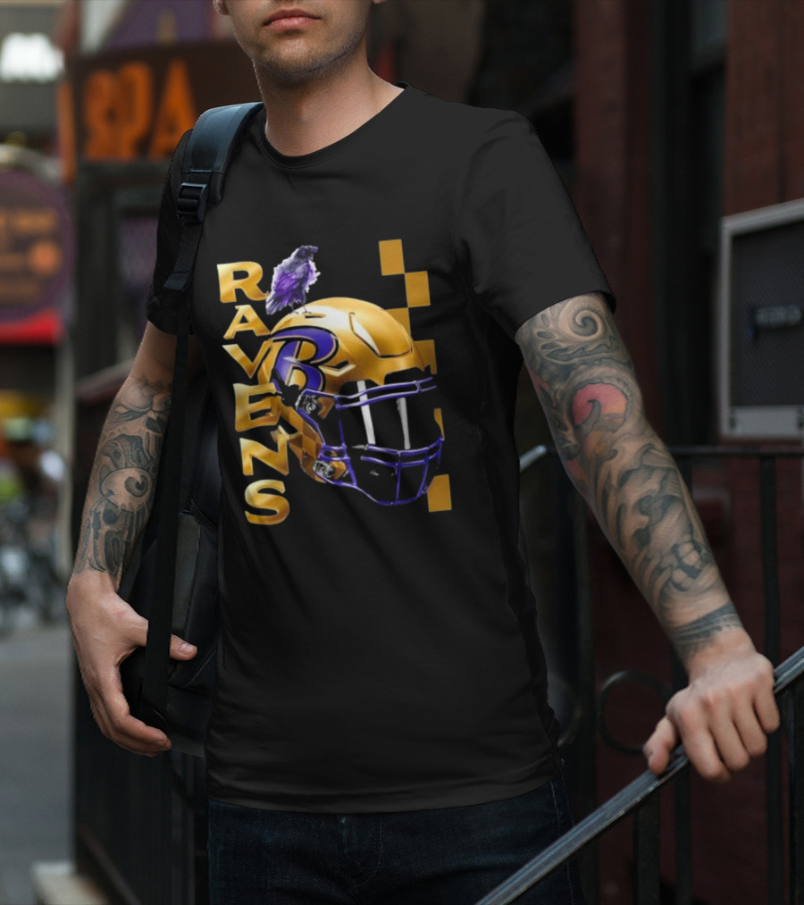 Ravens Gold Helmet With Purple B And Crow T-Shirt