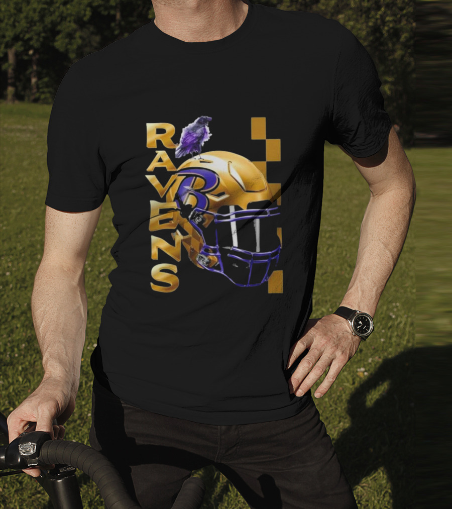 Ravens Gold Helmet With Purple B And Crow T-Shirt