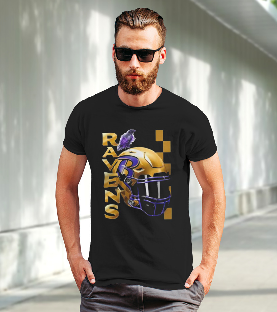Ravens Gold Helmet With Purple B And Crow T-Shirt