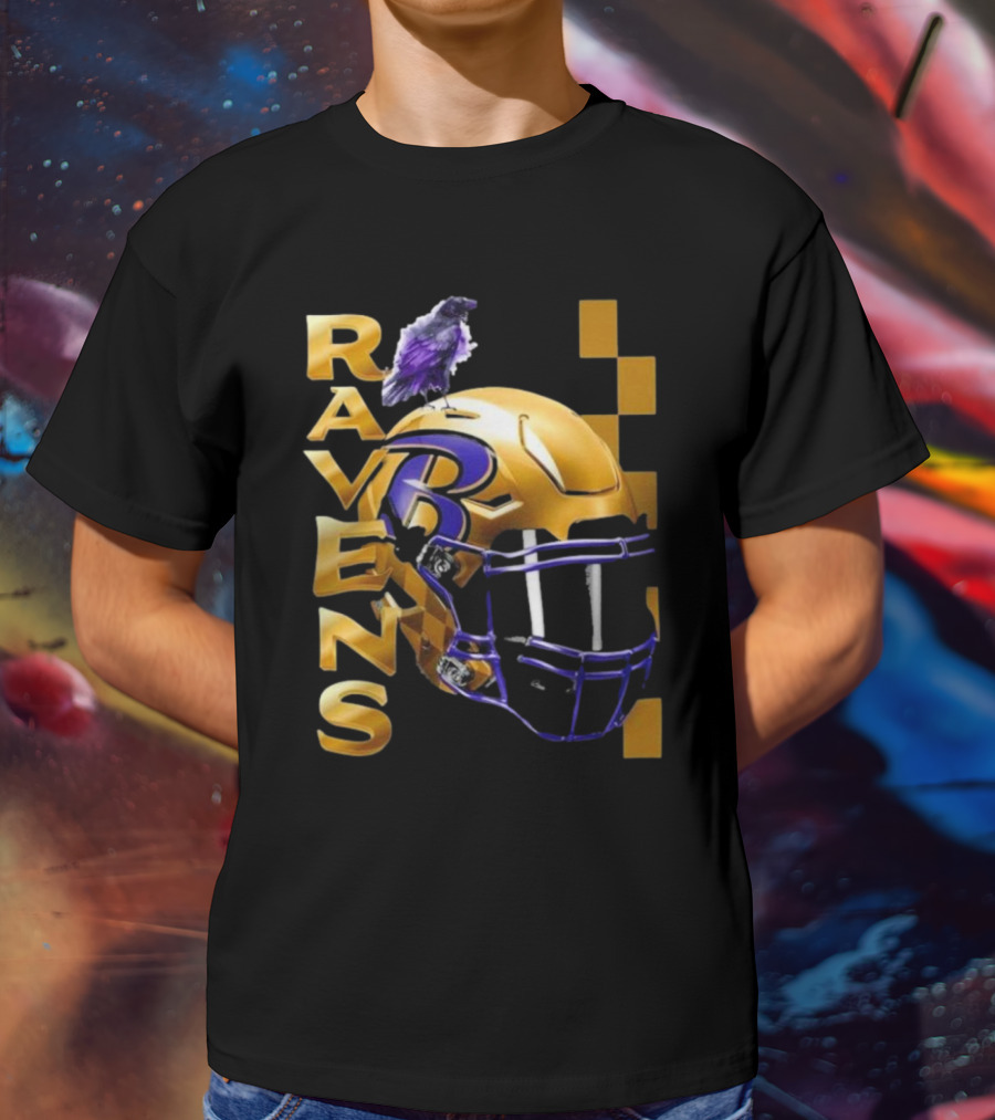 Ravens Gold Helmet With Purple B And Crow T-Shirt
