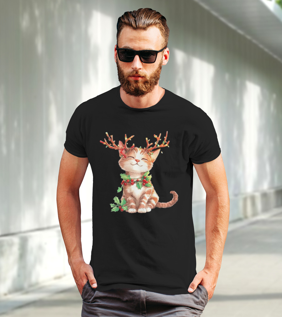 Cute Cat With Reindeer Antlers And Christmas Tree Lights T-Shirt