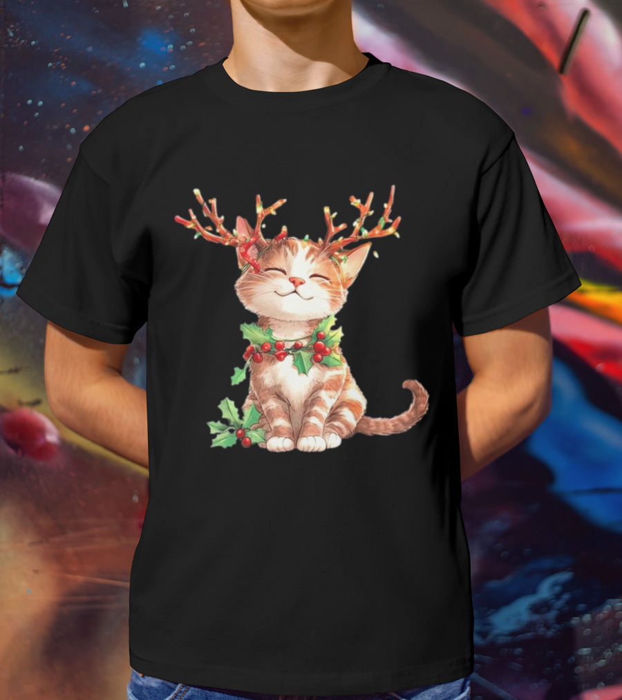 Cute Cat With Reindeer Antlers And Christmas Tree Lights T-Shirt