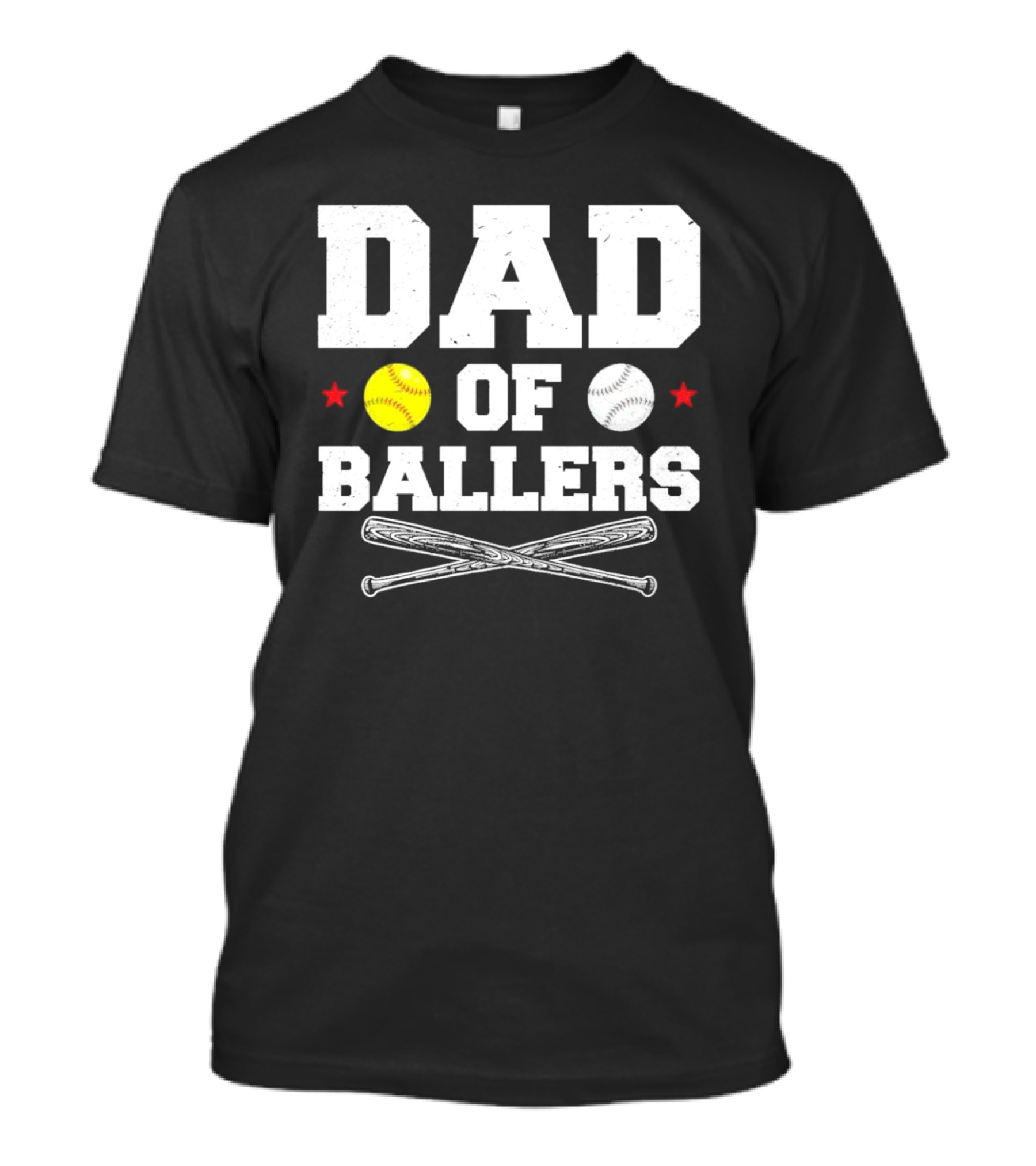 Dad Of Ballers Baseball Softball Crossed Bats Yellow White Balls Red Stars T-Shirt