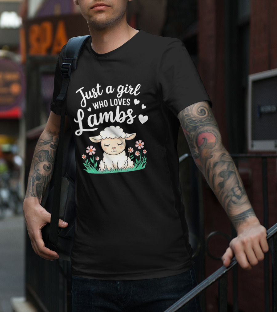 Just A Girl Who Loves Lambs Cute Animals Lover With Hearts And Flowers T-Shirt