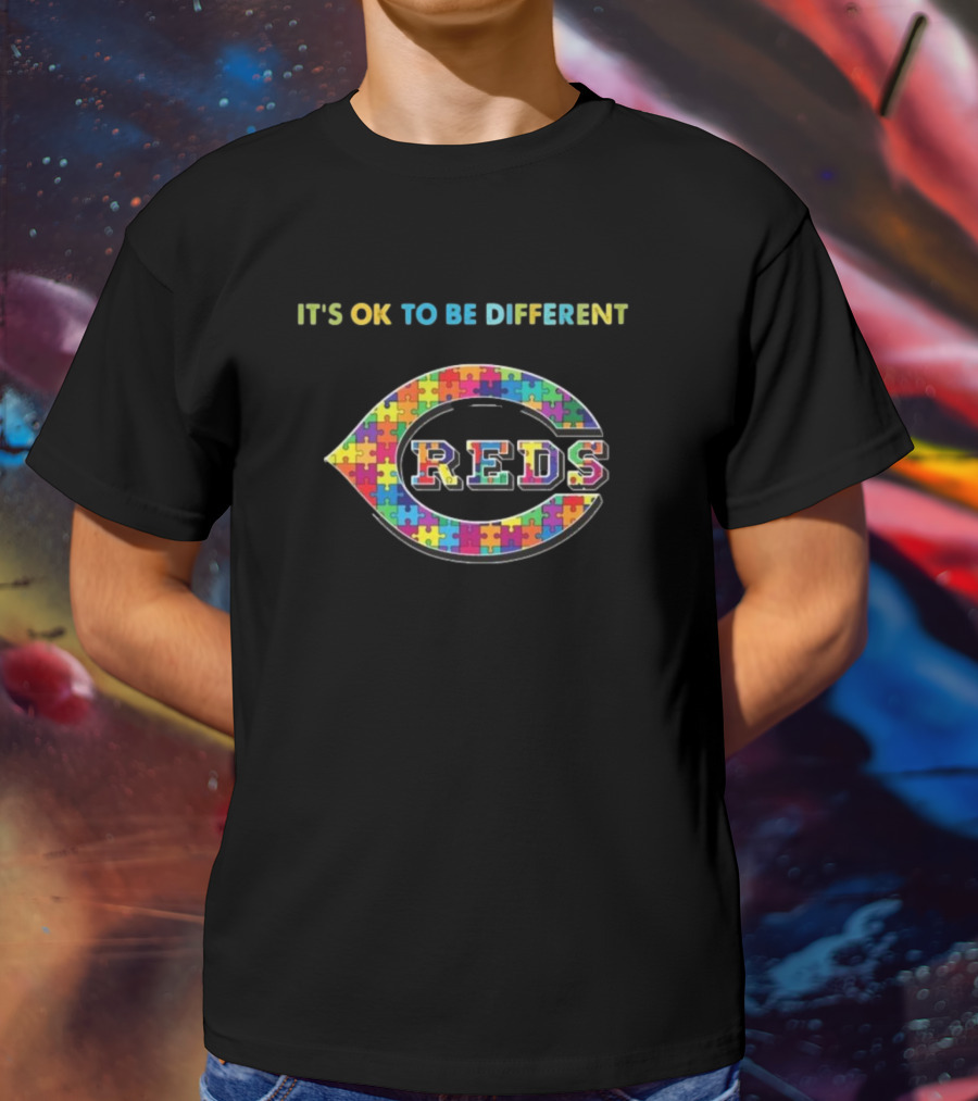 Cincinnati Reds It's Ok To Be Different Autism Puzzle Logo T-Shirt