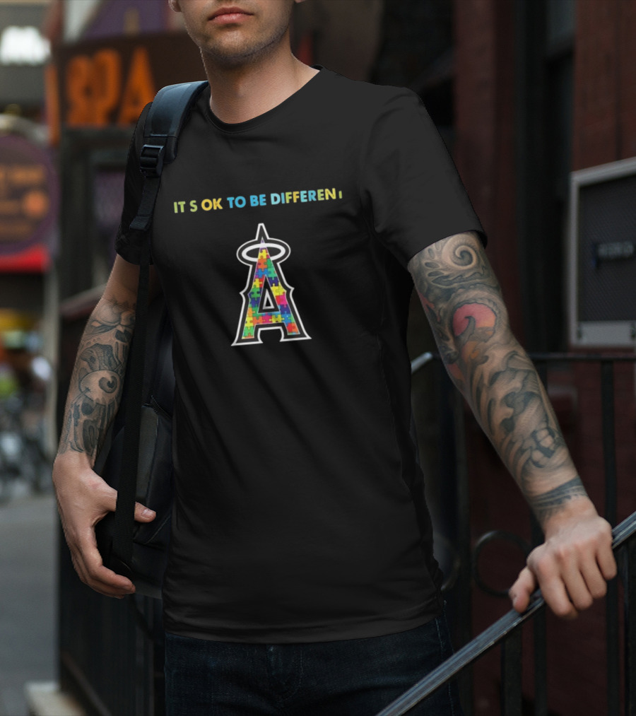 Los Angeles Angels Logo Puzzle Autism Awareness It’s Ok To Be Different T-Shirt