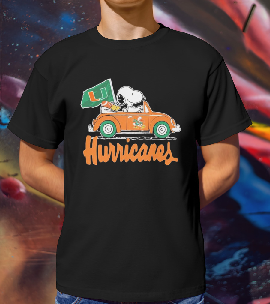 Peanuts Snoopy Woodstock Miami Hurricanes Car Driving With Flag T-Shirt