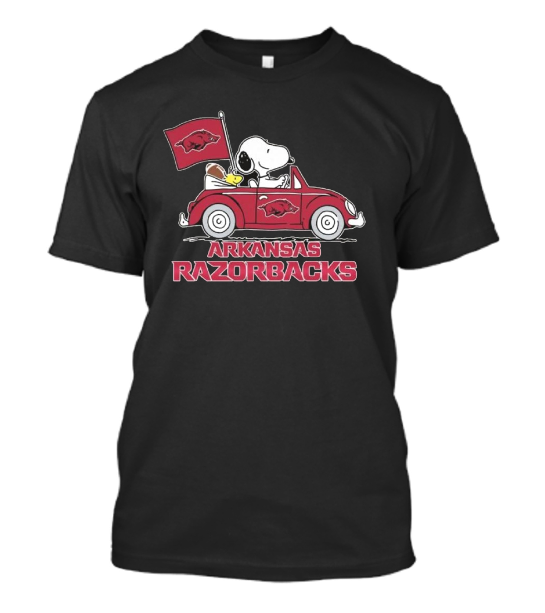 Snoopy And Woodstock Driving Car With Arkansas Razorbacks Flag T-Shirt